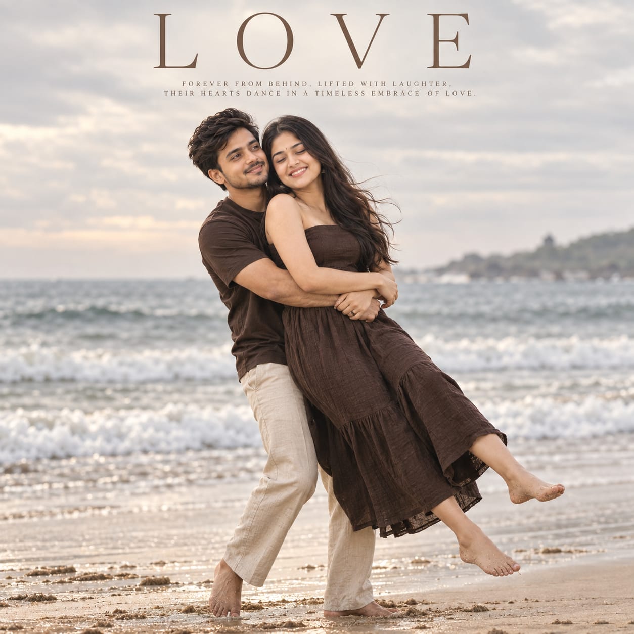 Romantic couple embracing and playfully lifting each other on a sandy beach, wearing matching brown outfits with elegant LOVE typography above them.