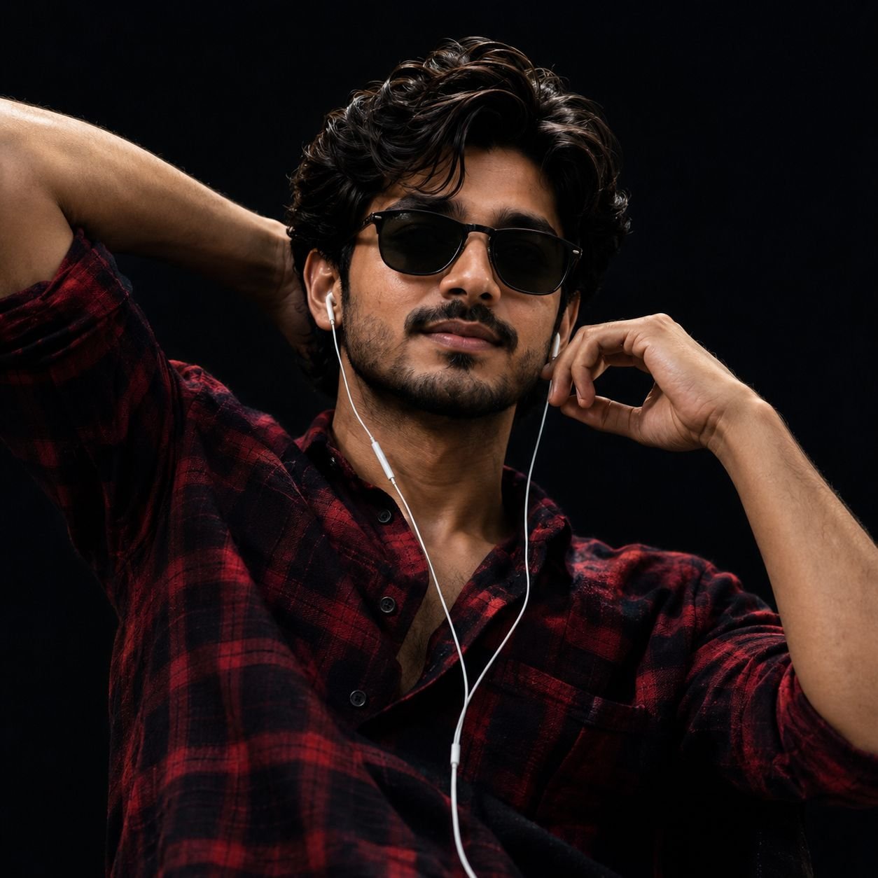 Stylish man wearing a red and black plaid shirt with sunglasses in a dramatic low-angle fashion editorial portrait Prompt.