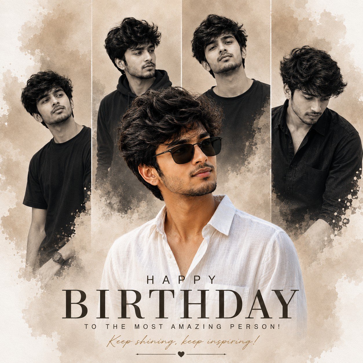 Stylish South Asian male in a white linen shirt featured in a luxury birthday collage poster with monochrome portrait panels Prompt.