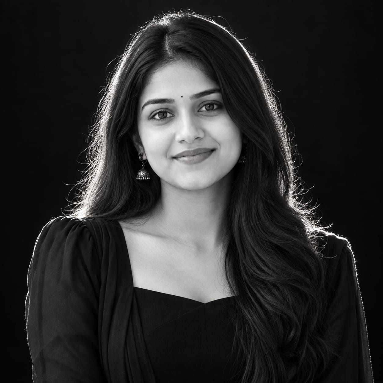 Cinematic black-and-white female CEO portrait in a black gown with dramatic rim lighting and a seamless black studio background.