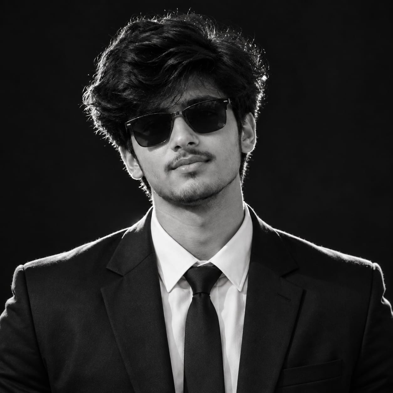 Black-and-white cinematic CEO portrait featuring a man in a tailored black suit, white shirt, black tie, and sunglasses against a seamless dark background.