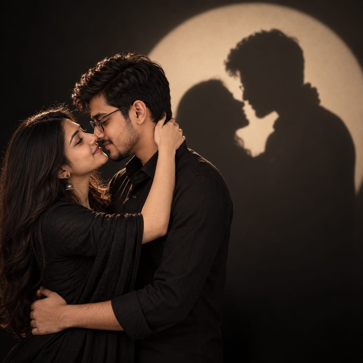 Ultra-photorealistic couple in black embracing in a dramatic studio with a luminous circular spotlight and projected silhouette