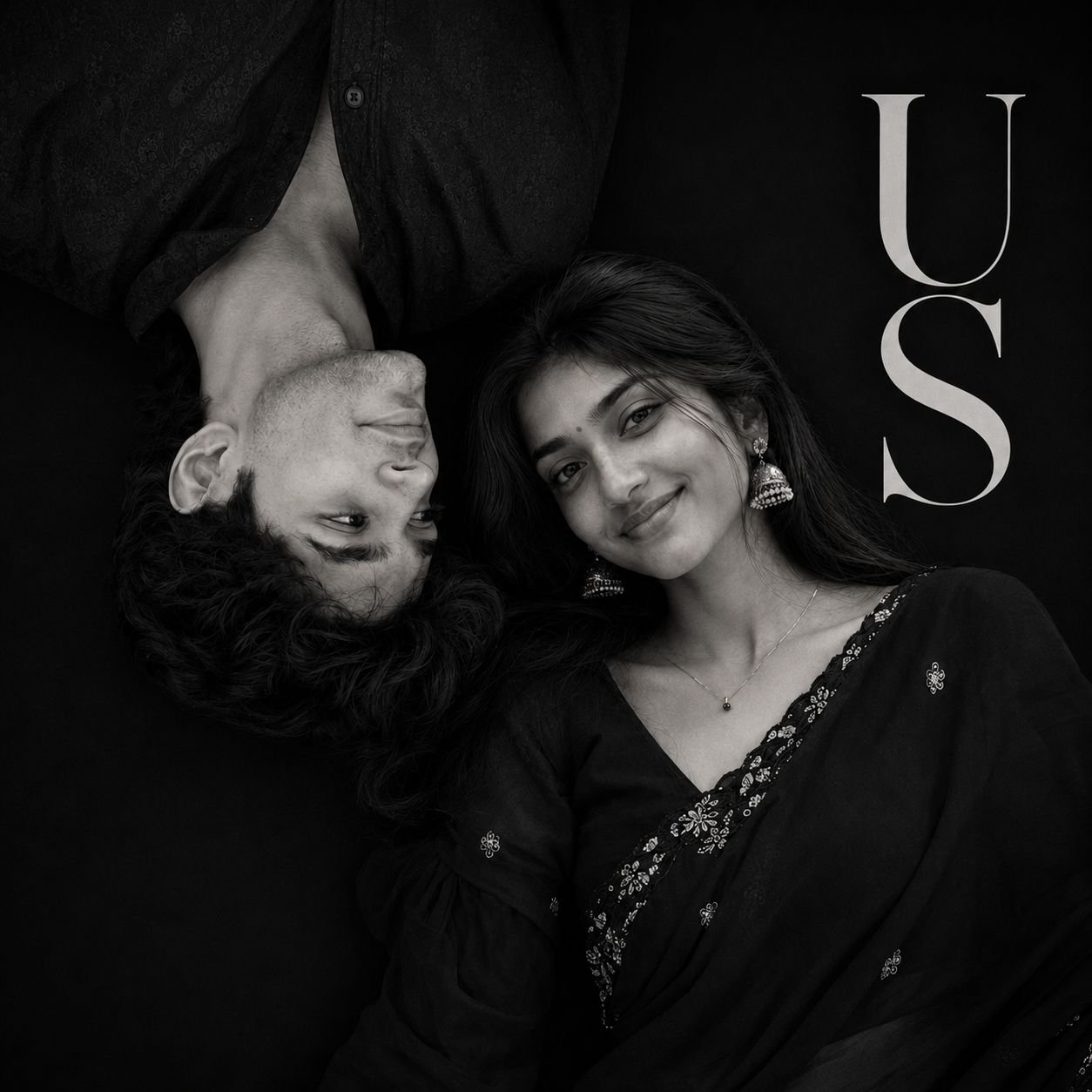 Luxury black-and-white editorial portrait of a couple photographed from above with elegant US typography and premium magazine-cover styling.