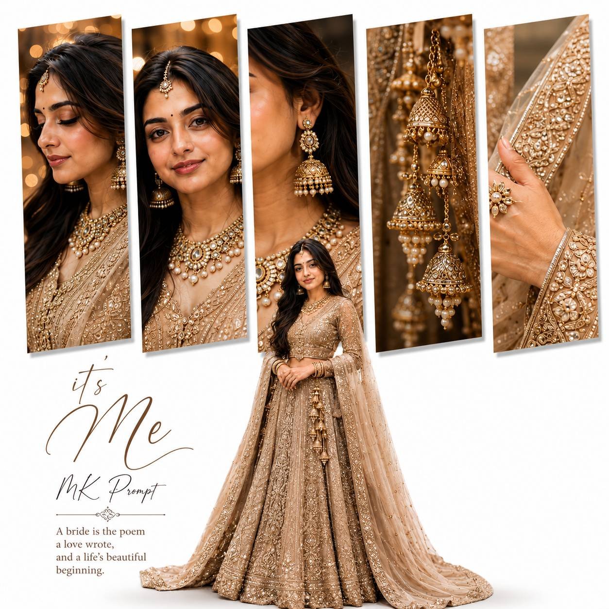 Luxury bridal editorial collage poster featuring five vertical bridal photo panels, champagne-gold lehenga styling, and premium wedding magazine aesthetics.