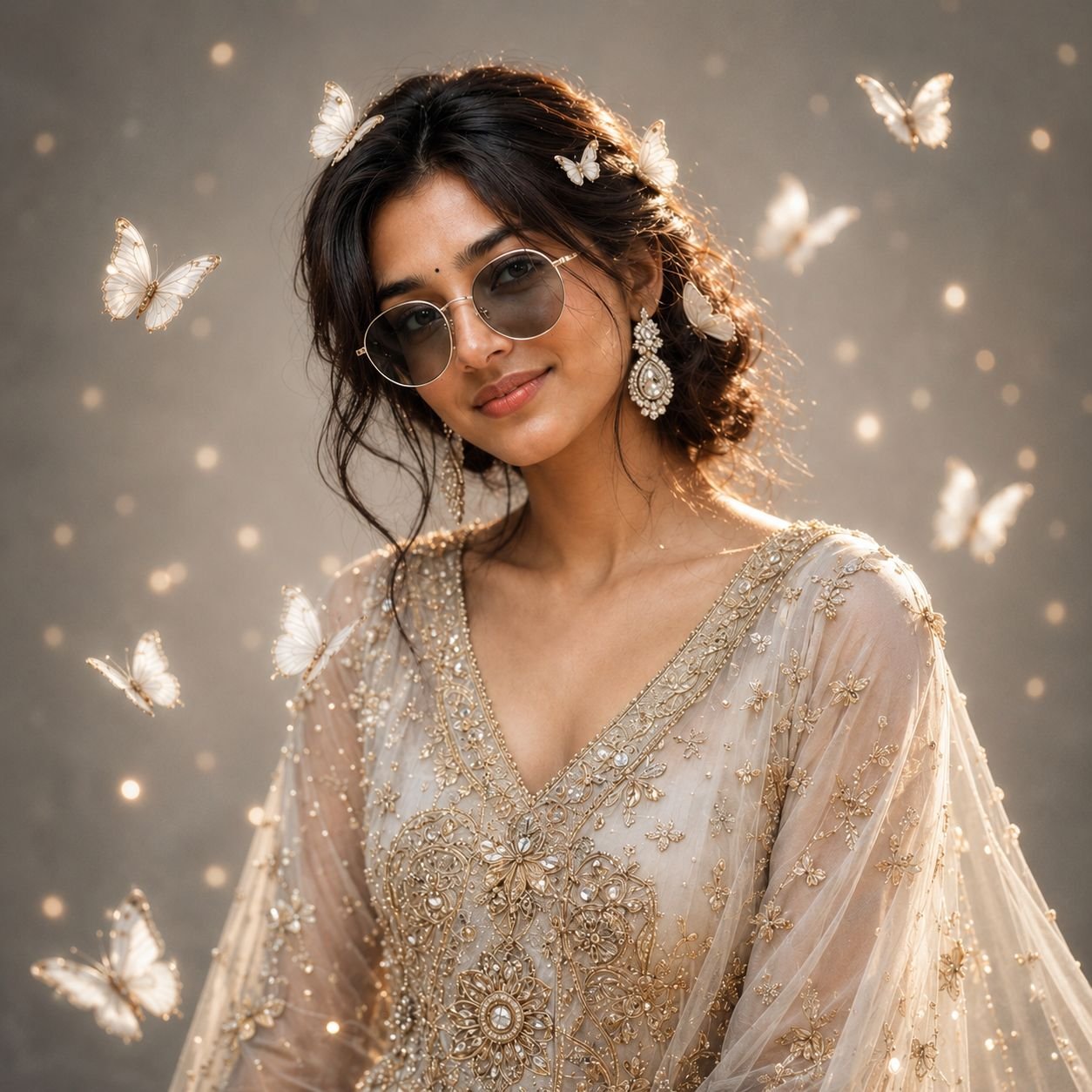 Luxury fashion portrait featuring elegant white butterflies, couture embroidery, premium editorial styling, and photorealistic beauty photography.