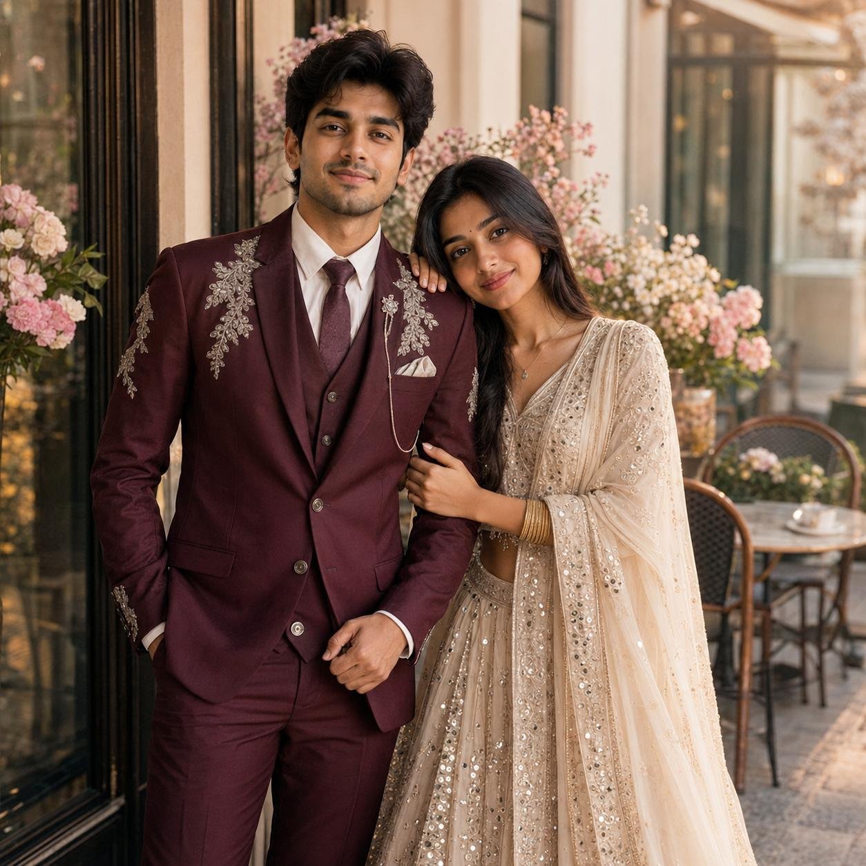 Romantic couple posing at a stylish café terrace wearing luxury ethnic fashion and formal attire in a cinematic portrait Prompt.