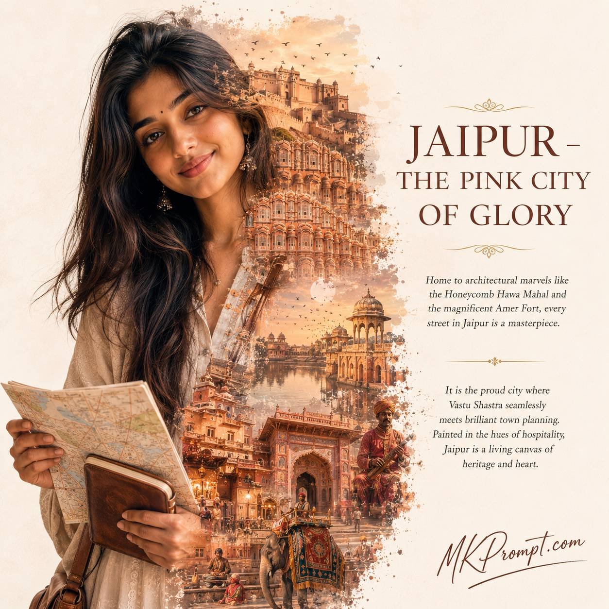Luxury travel double-exposure poster featuring cultural landmarks, heritage architecture, cinematic storytelling, and premium tourism-campaign aesthetics.