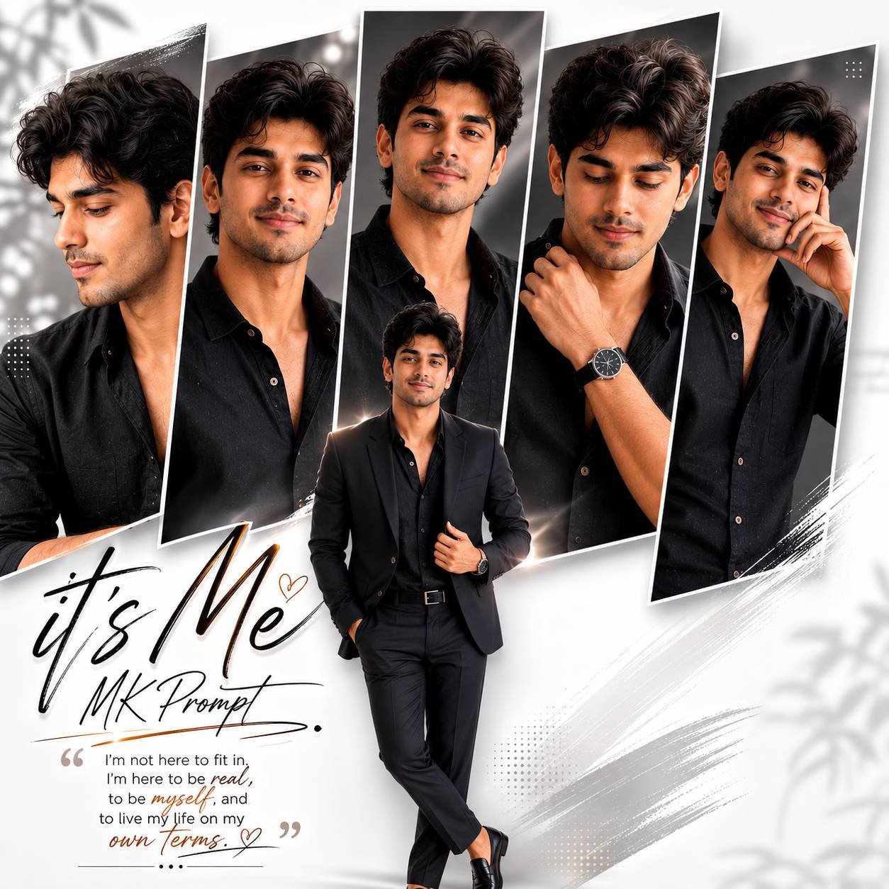 Luxury editorial multi-panel portrait collage poster featuring a full-body fashion portrait, premium typography, and magazine-style layout Prompt.