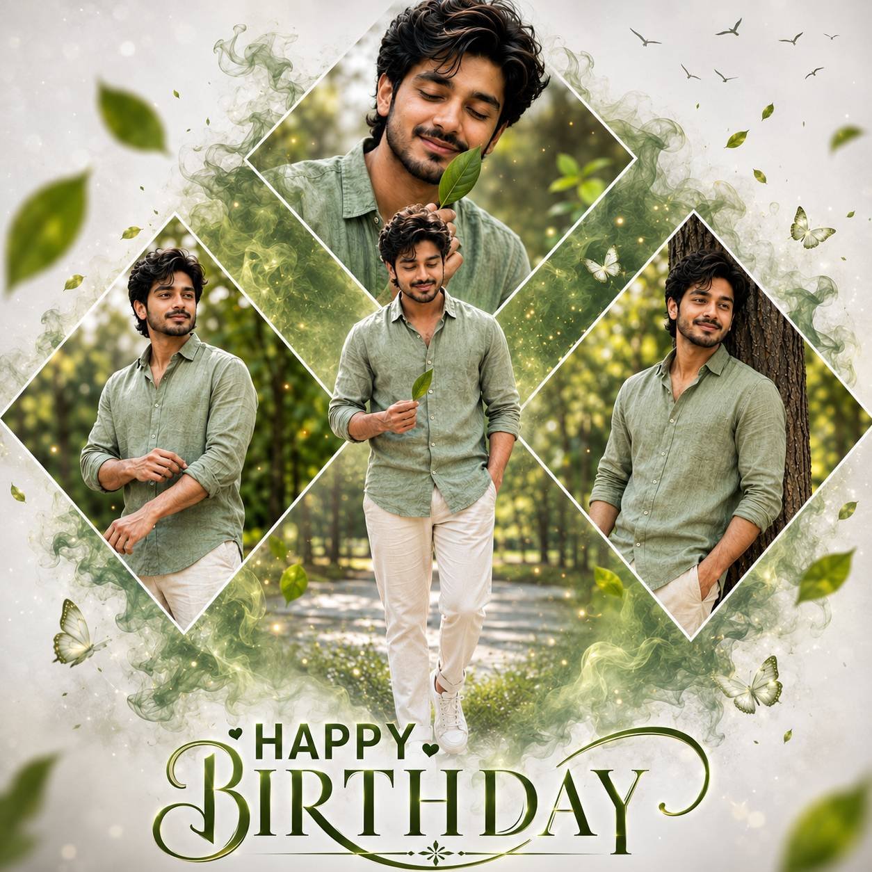 Luxury birthday poster featuring a three-diamond portrait collage with green aesthetic styling and premium editorial design Prompt.