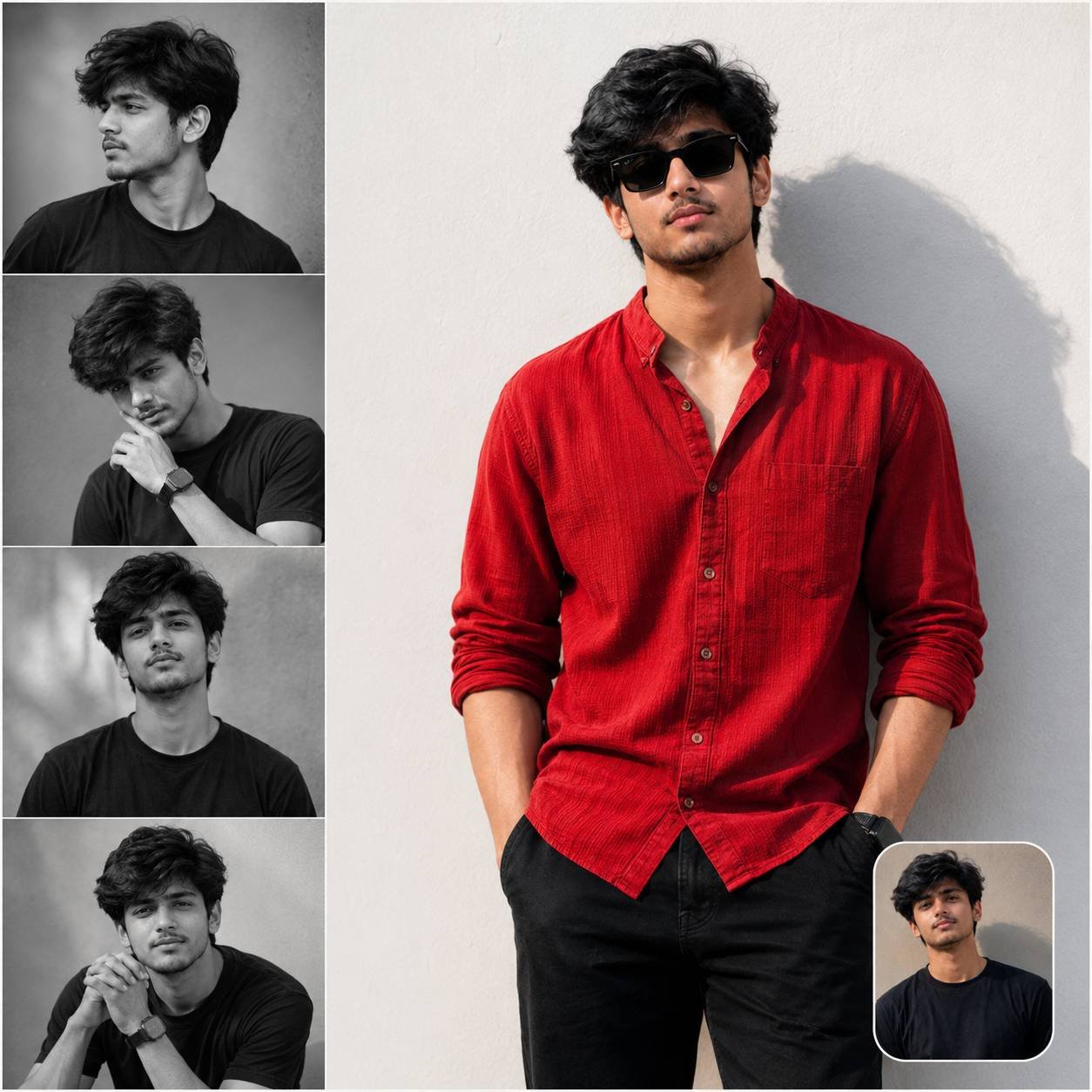 Stylish young man in a red shirt featured in a luxury editorial Instagram collage with monochrome portrait panels and fashion-magazine styling Prompt.