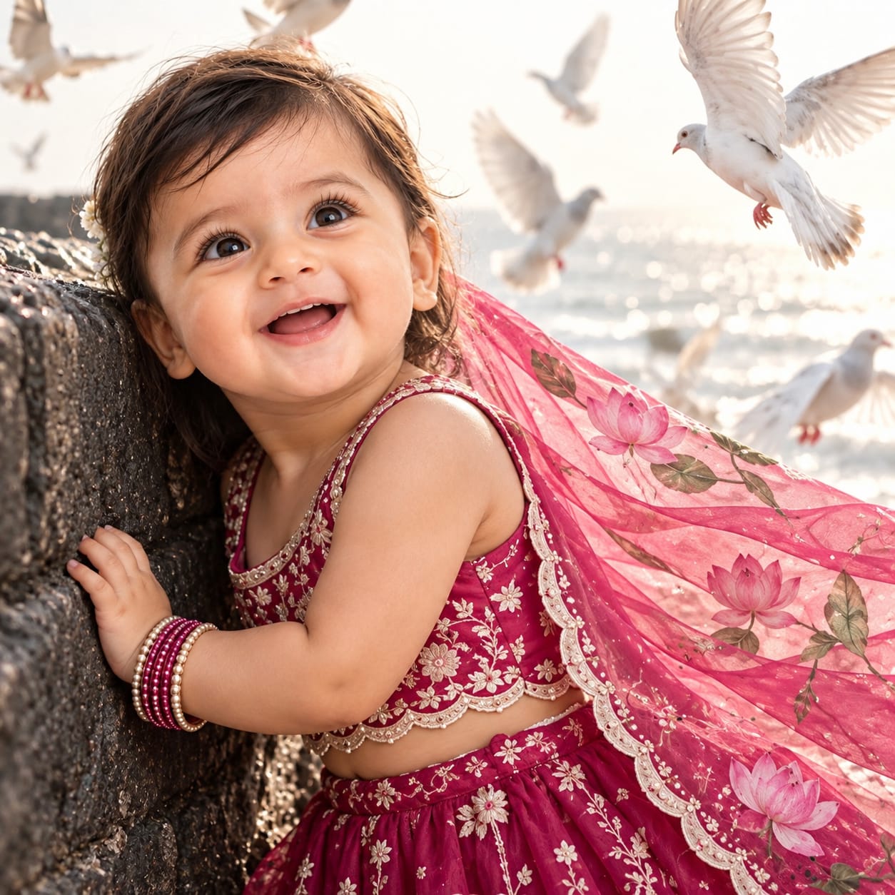 Joyful young Indian girl in a vibrant magenta lehenga smiling beside a dark stone sea wall with pigeons flying around her.