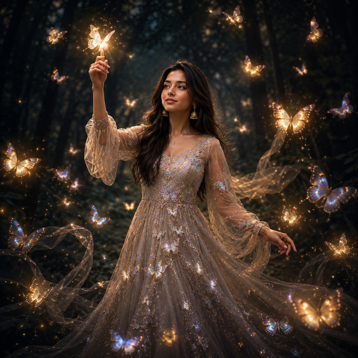 Woman in a magical forest surrounded by glowing butterflies with a cinematic fantasy atmosphere and elegant storytelling Prompt.