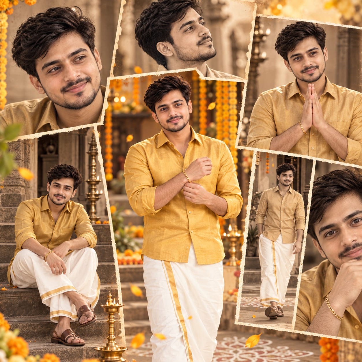 Maharashtrian man in golden-yellow shirt and dhoti featured in an 8K birthday tribute collage portrait with sepia panels