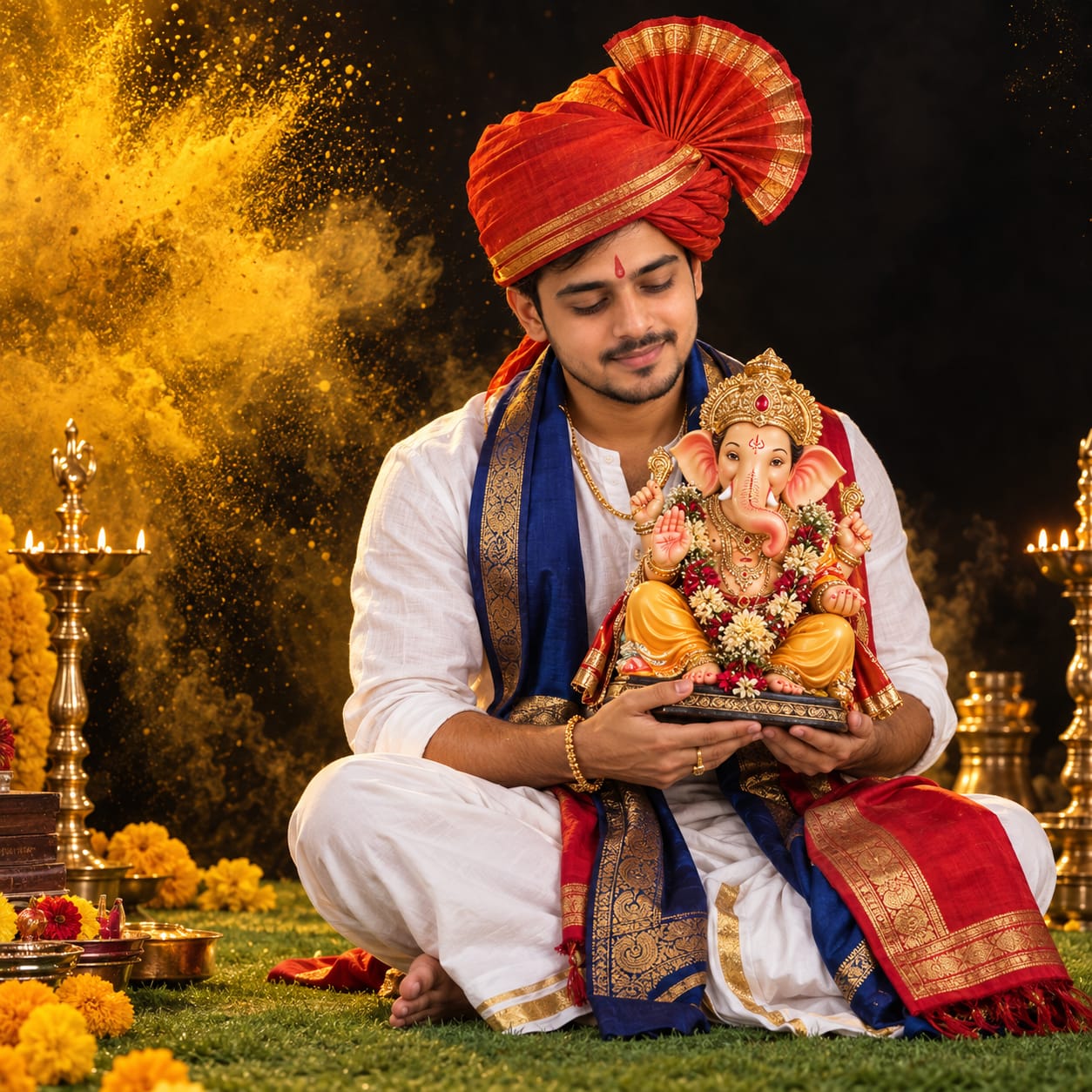 Maharashtrian man in traditional white kurta, dhoti and pheta holding a colorful Lord Ganesha idol with yellow powder in a studio setting.