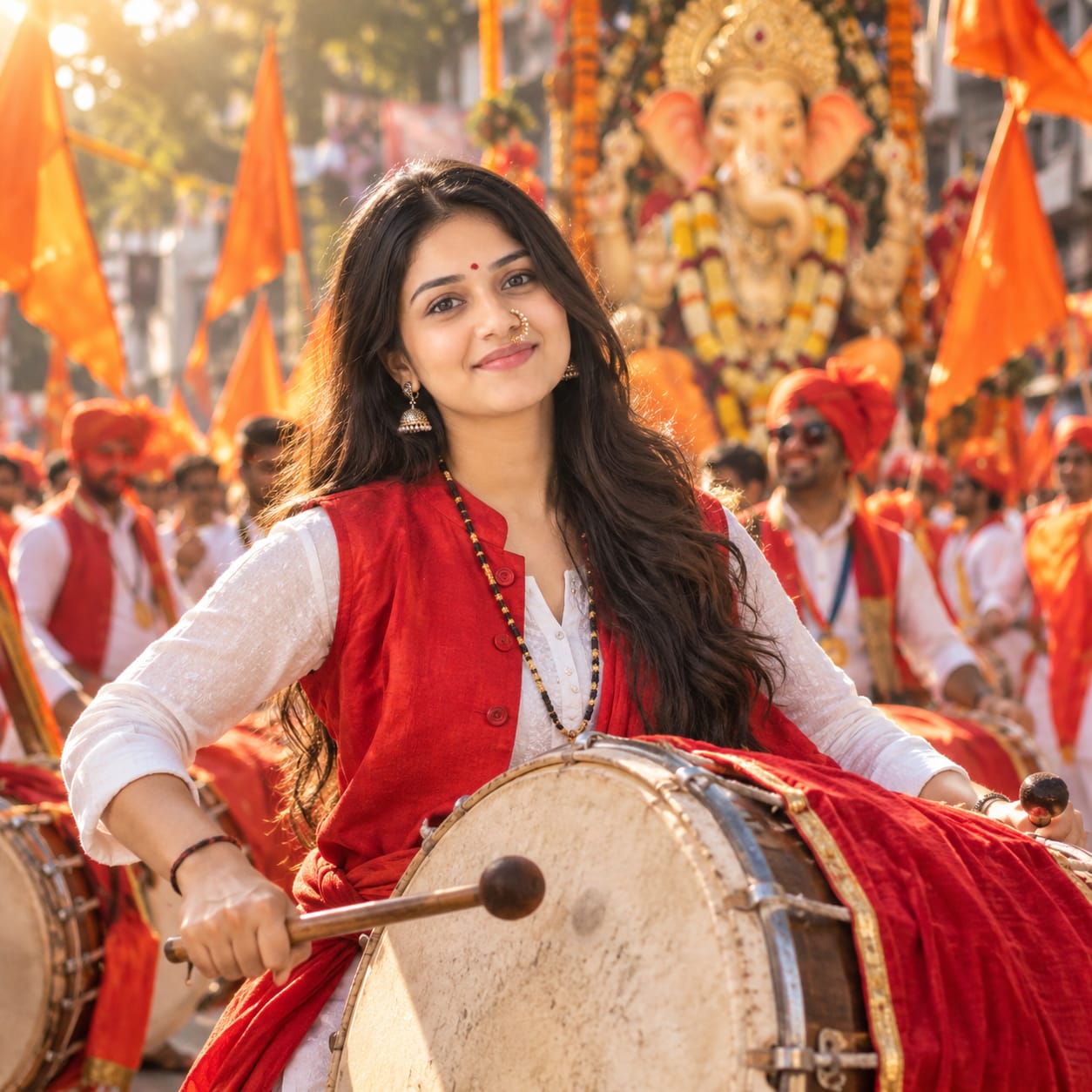 Maharashtrian woman playing a traditional dhol during a vibrant Ganesh Chaturthi Ganpati procession with saffron flags and festive crowds.