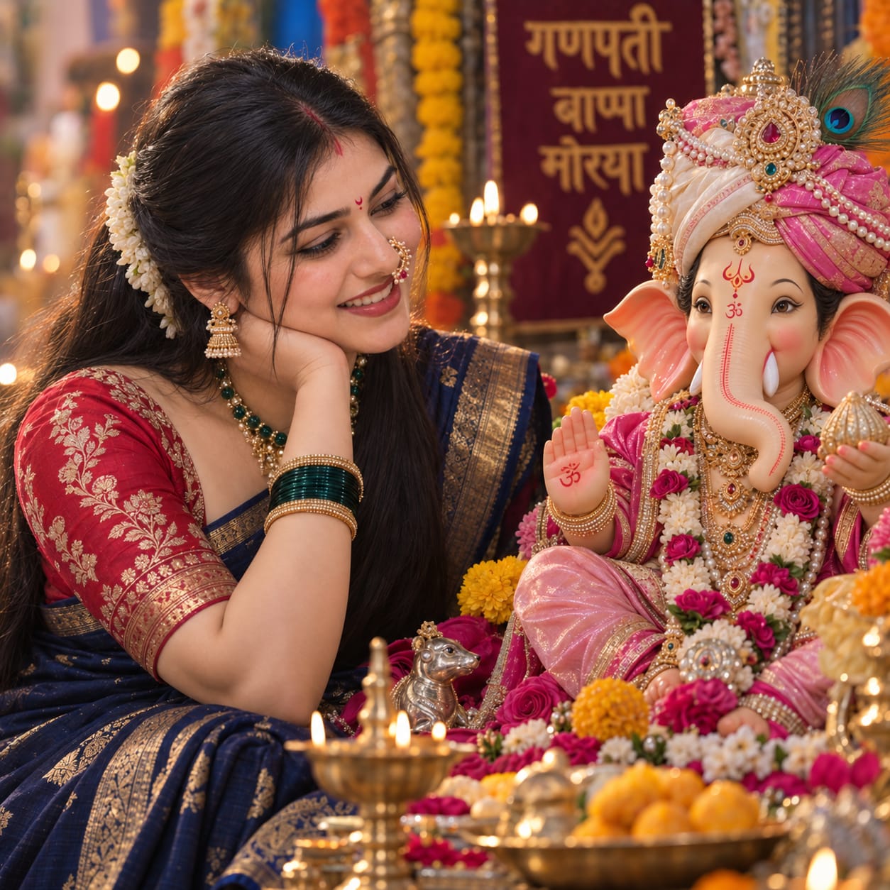 Maharashtrian woman in a navy-blue Nauvari saree standing beside a decorated Bal Ganesha idol during a vibrant Ganesh Chaturthi celebration.