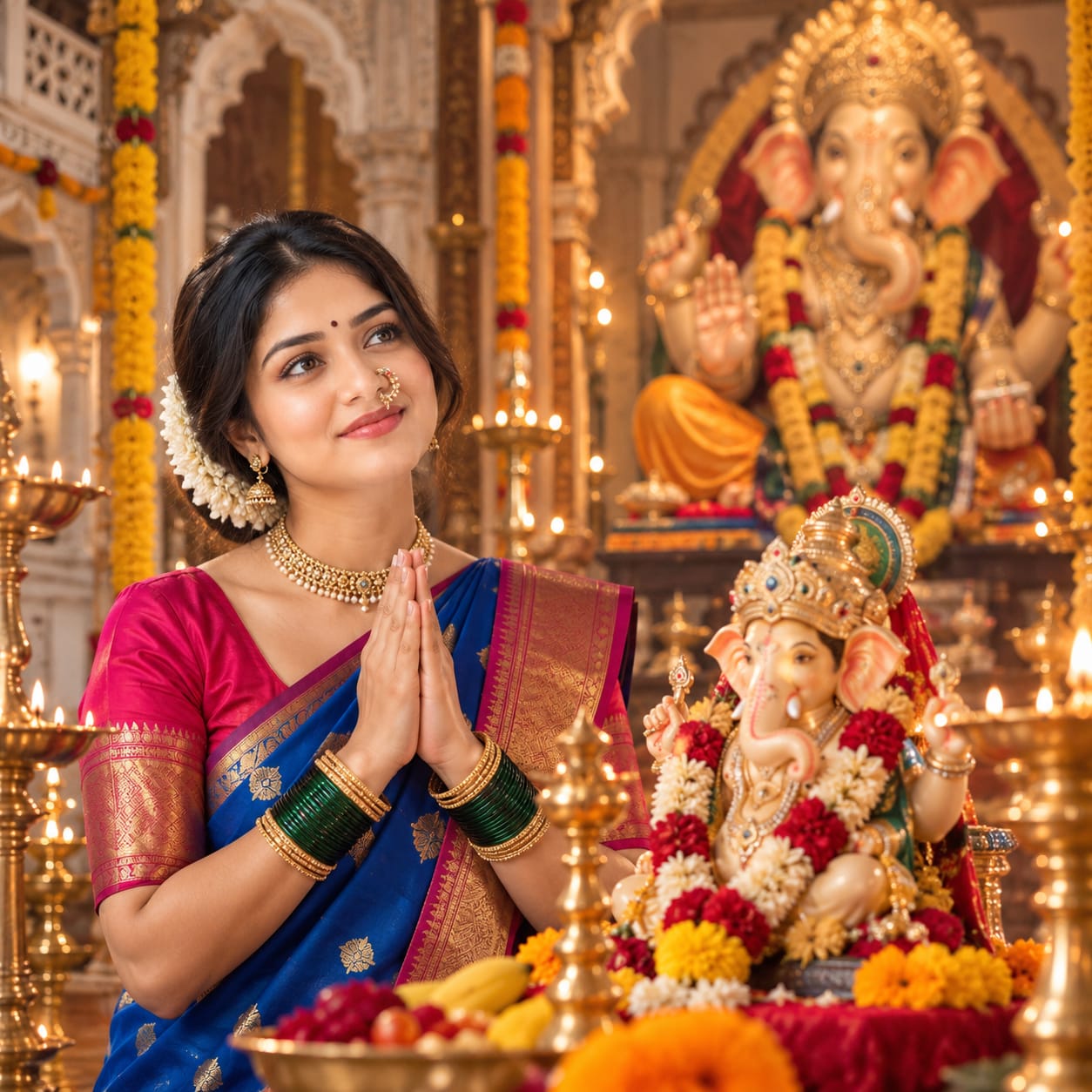 Maharashtrian woman in a royal-blue saree praying beside Lord Ganesha idols and glowing brass lamps during Ganesh Chaturthi.