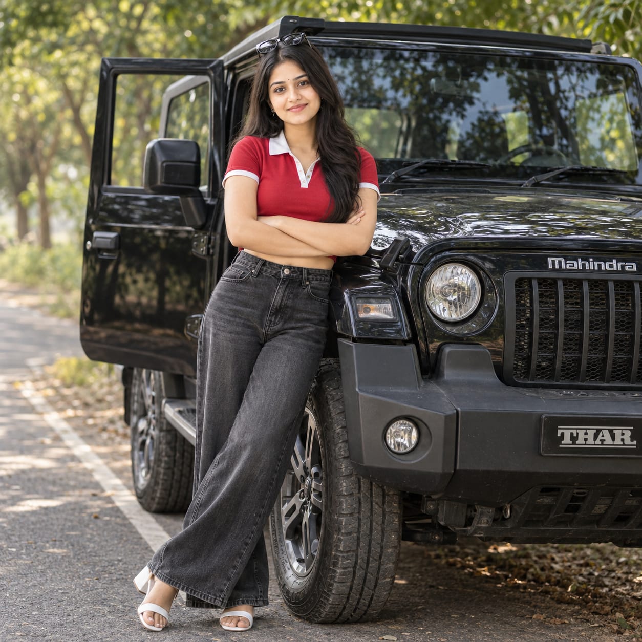 Stylish young Indian woman in a red crop top and charcoal jeans posing beside a rugged black Mahindra Thar on a lush green roadside.