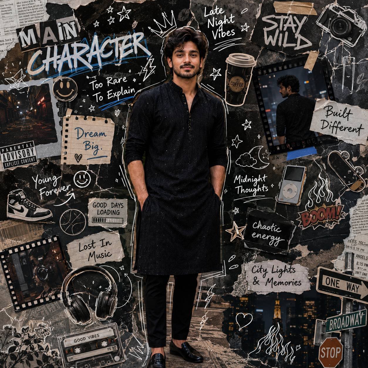Stylish male portrait surrounded by scrapbook doodles, stickers, magazine cutouts, and Pinterest-inspired moodboard elements Prompt.