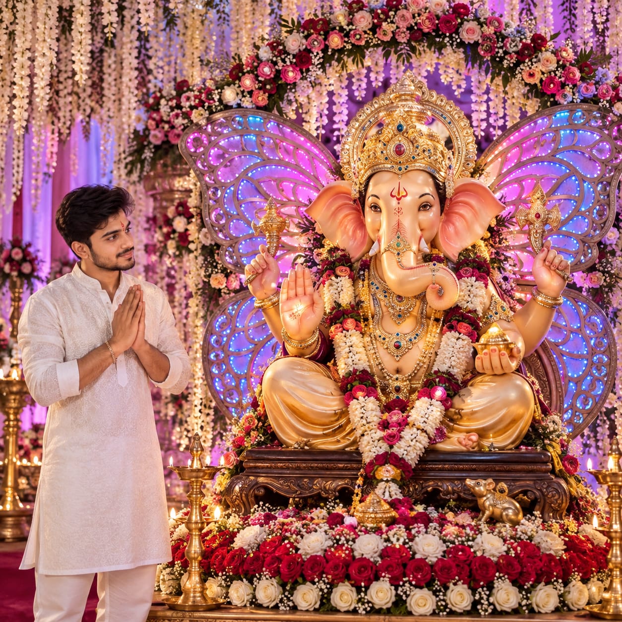 Majestic golden Lord Ganesha idol surrounded by flowers and colorful lights with a young man praying during Ganesh Chaturthi.
