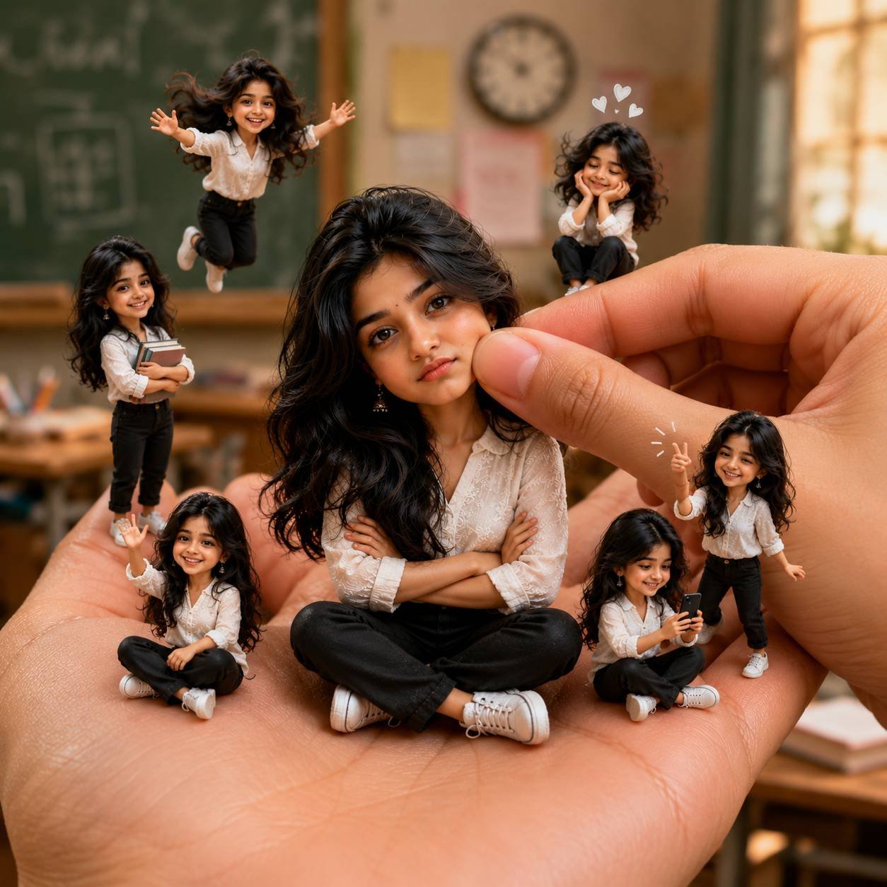 Cute chibi character sitting inside a giant hand surrounded by miniature versions in a cinematic 3D portrait scene Prompt.
