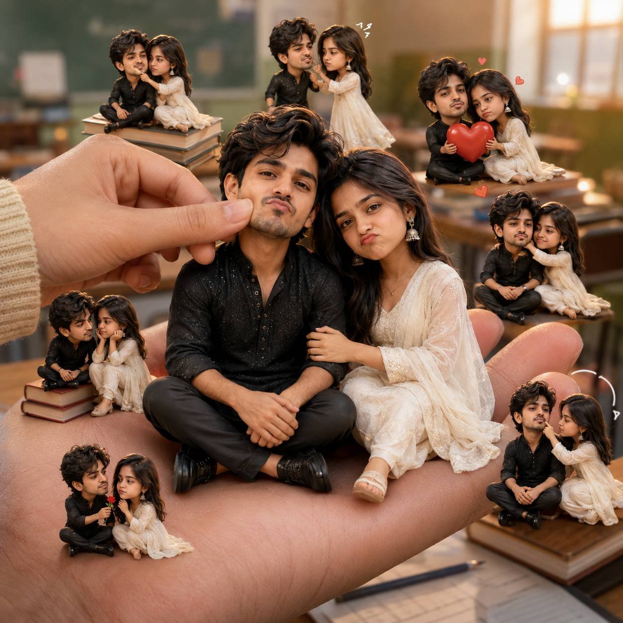 Cute chibi couple sitting inside a giant hand surrounded by miniature romantic versions of themselves in a cinematic 3D portrait Prompt.