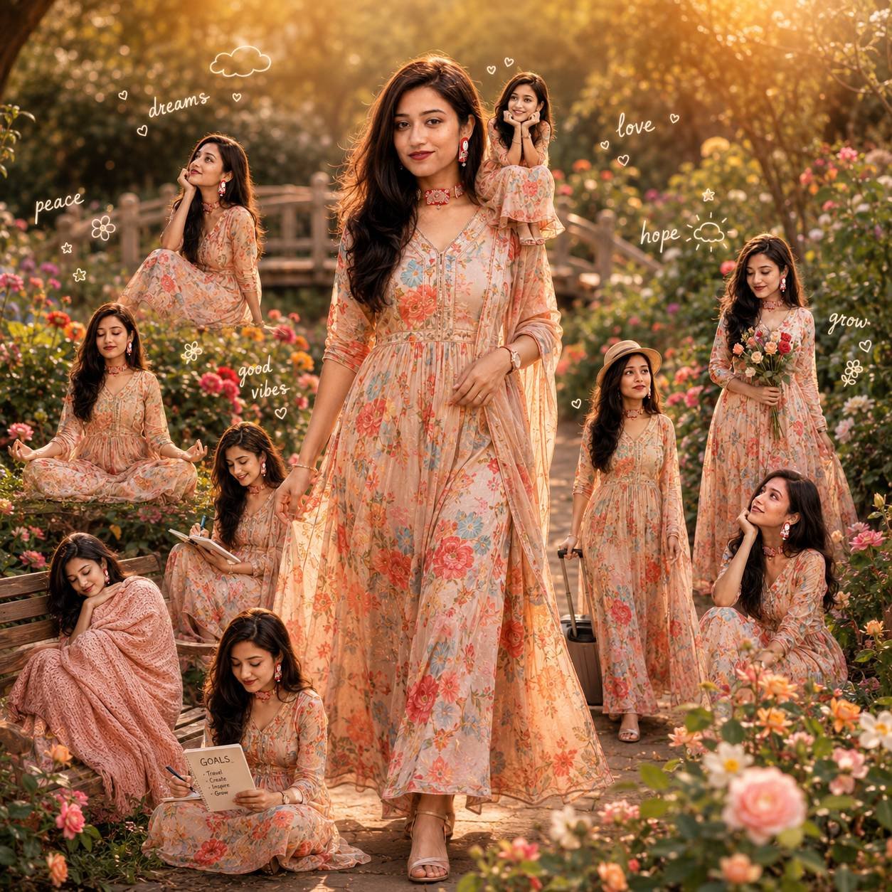 Young woman walking through a magical flower garden surrounded by miniature versions of herself in a cinematic fantasy portrait Prompt.
