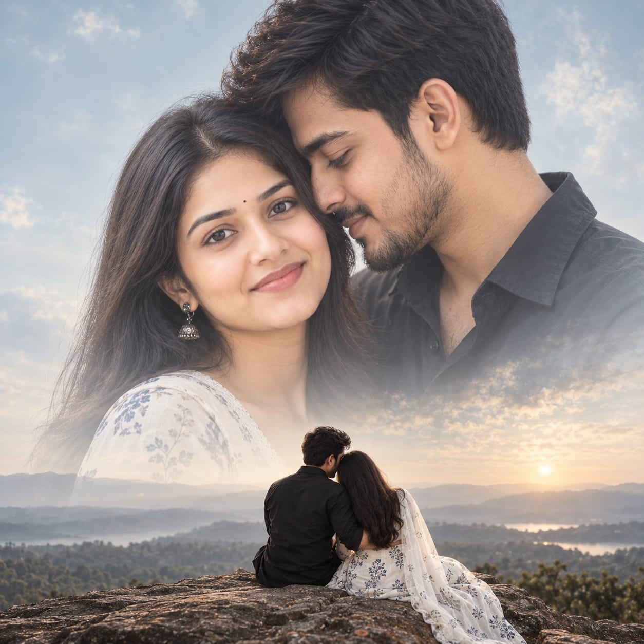 Romantic pre-wedding couple portrait with a soft pastel blue-grey double-exposure background and minimalist cinematic styling