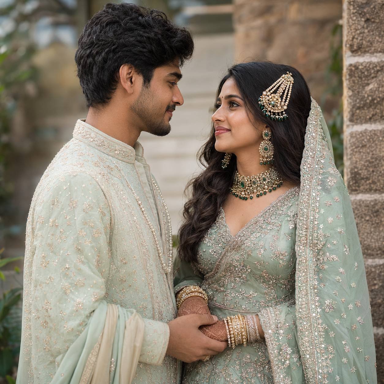 Newly married South Asian couple in mint-green wedding attire sharing a romantic moment in a luxury editorial wedding portrait Prompt.
