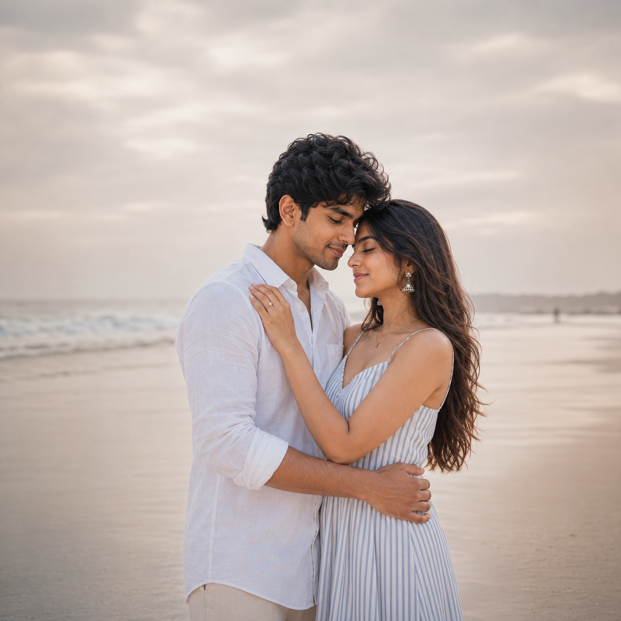 Romantic couple embracing on a misty sandy beach in a luxury cinematic pre-wedding portrait Prompt.