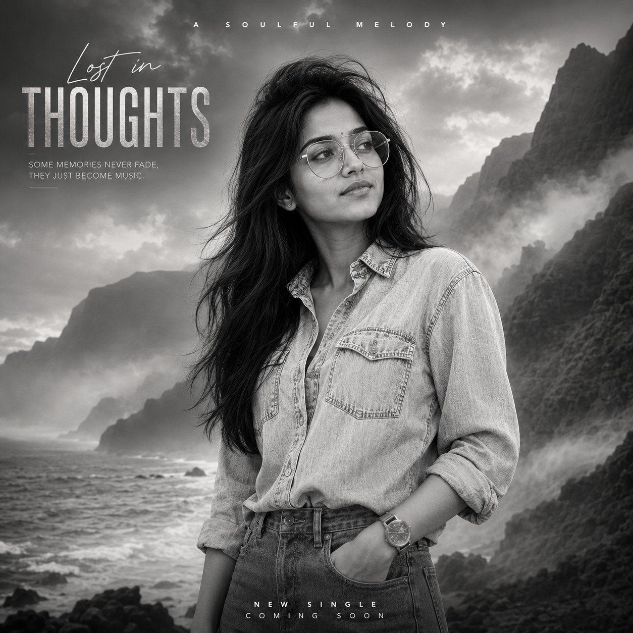 Fashionable South Asian woman in a monochrome ocean-side music poster portrait with cinematic mist and mountain scenery Prompt.