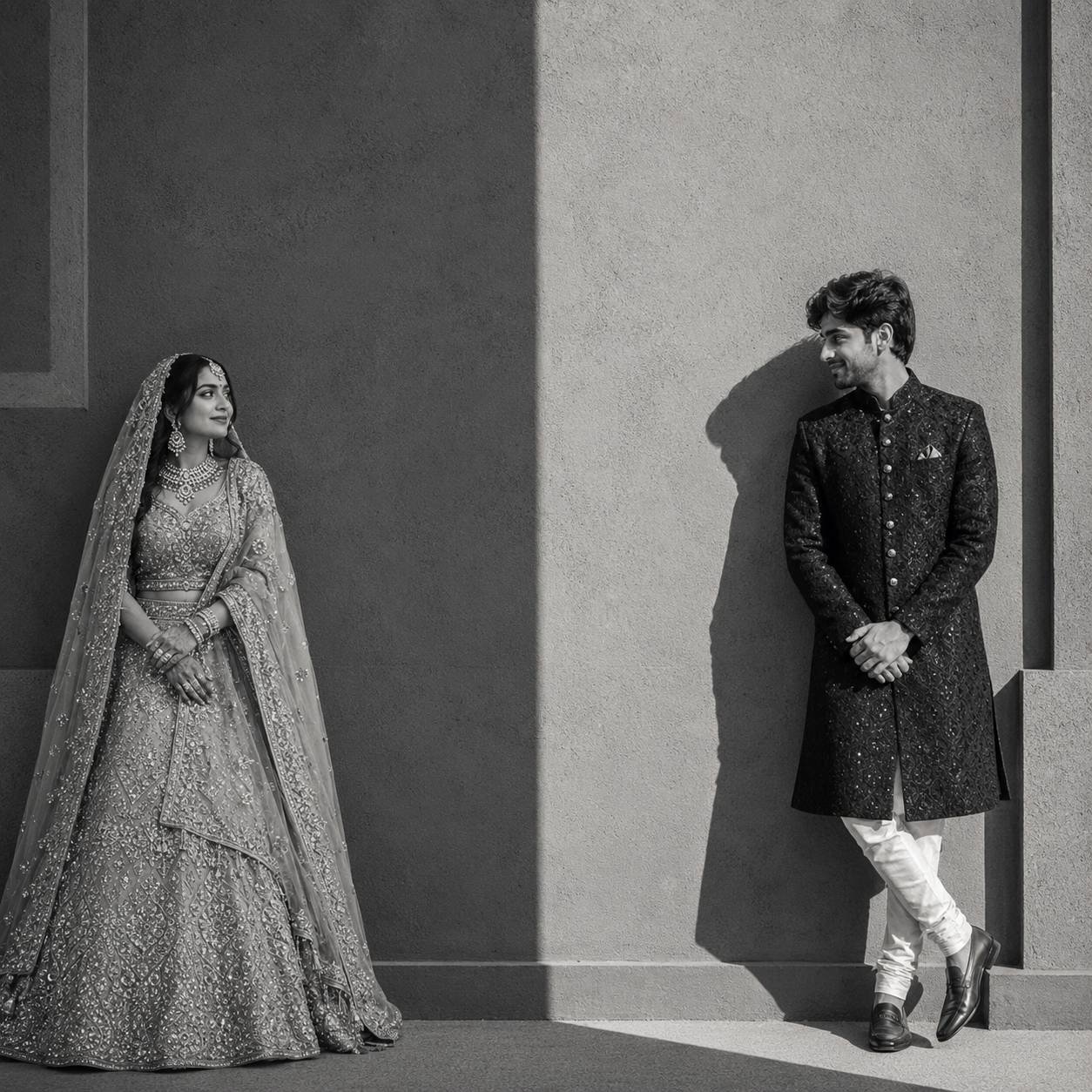 Indian wedding couple separated by a dramatic shadow in a monochrome luxury editorial portrait against a textured concrete wall Prompt.