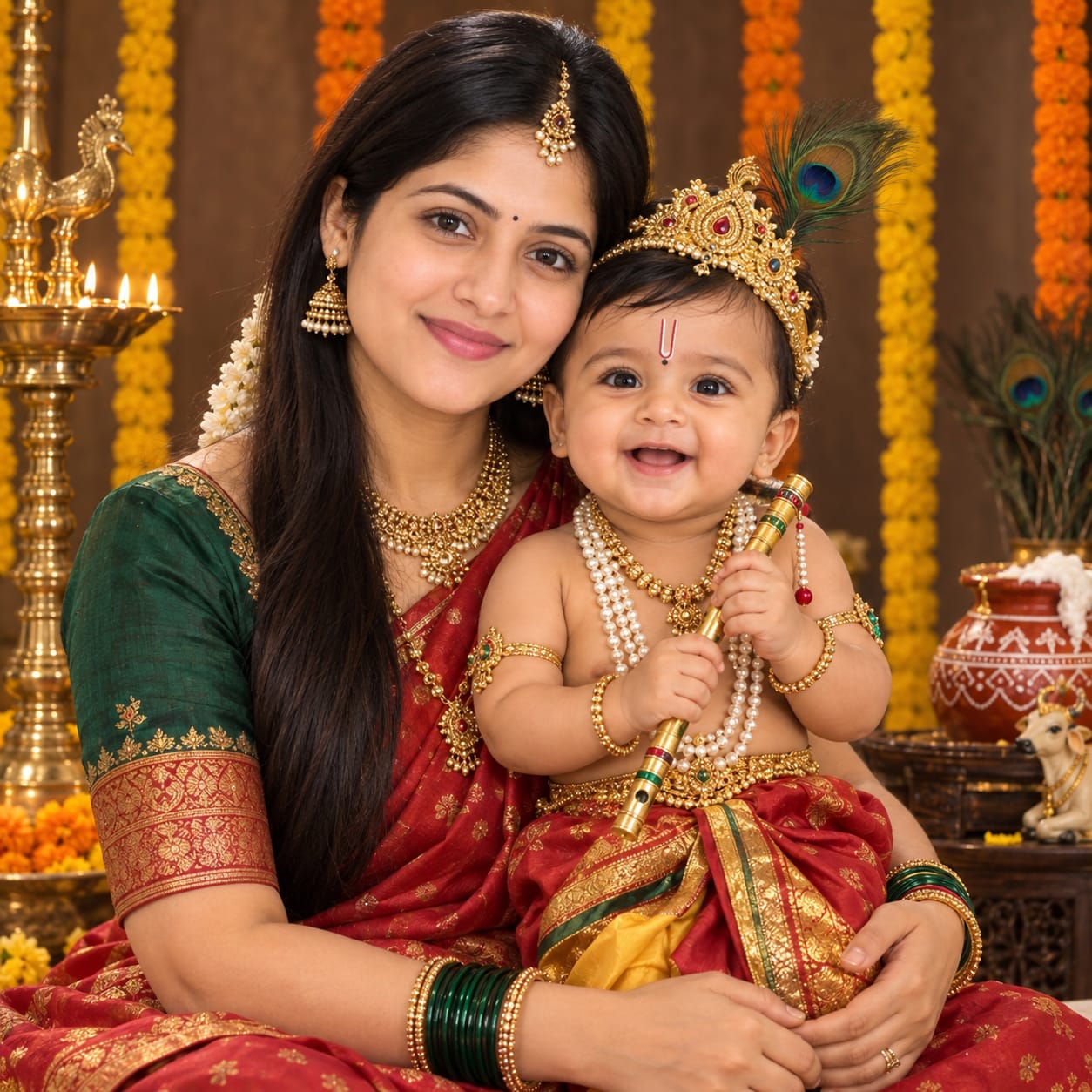 Indian mother with her baby boy dressed as Little Krishna in a traditional Janmashtami studio setting with marigold garlands and a glowing diya.