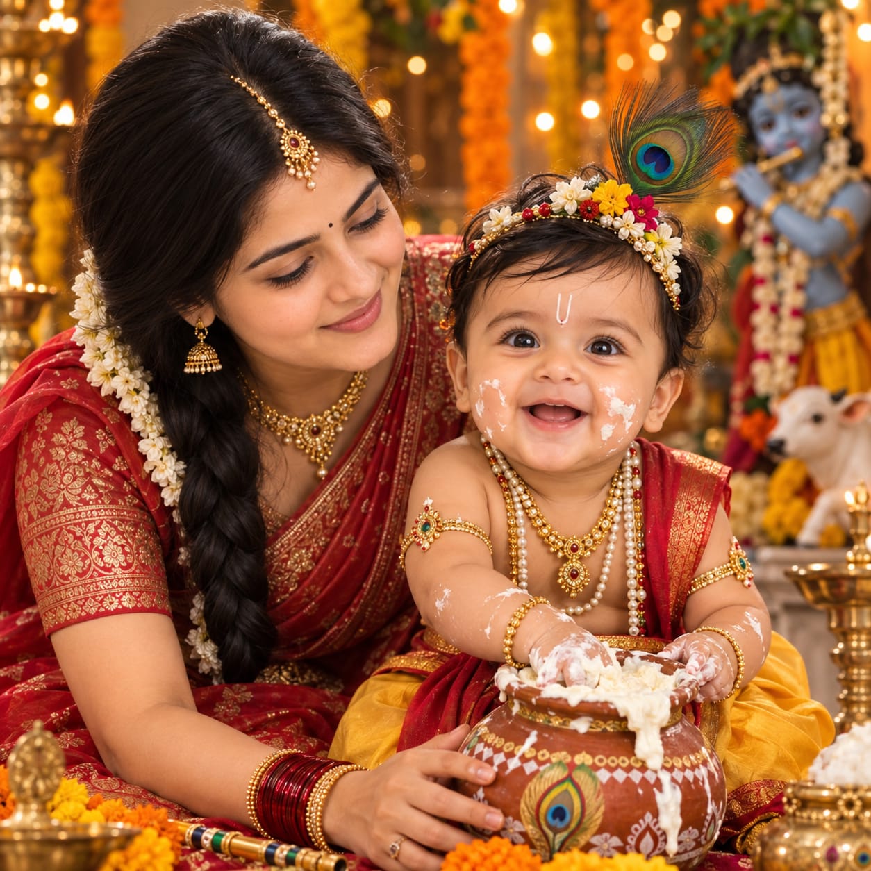 Adorable baby dressed as Little Krishna playing with a traditional butter pot beside his mother during a joyful Janmashtami celebration.