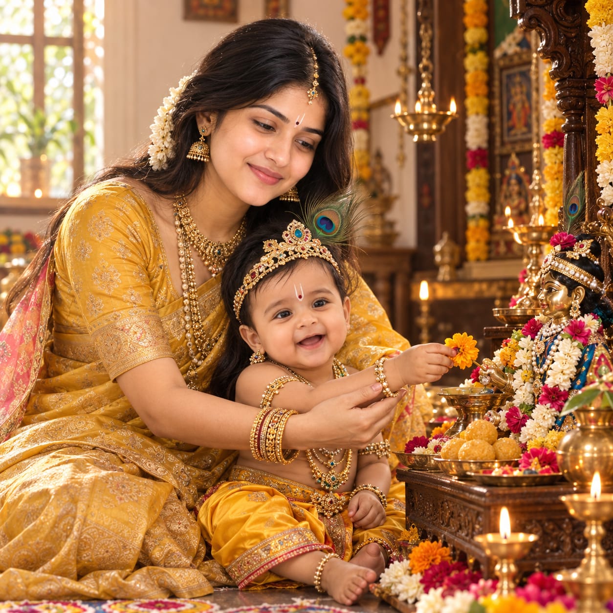 Indian mother and baby dressed as Little Krishna offering flowers and laddus to Laddu Gopal during a traditional Janmashtami home pooja.