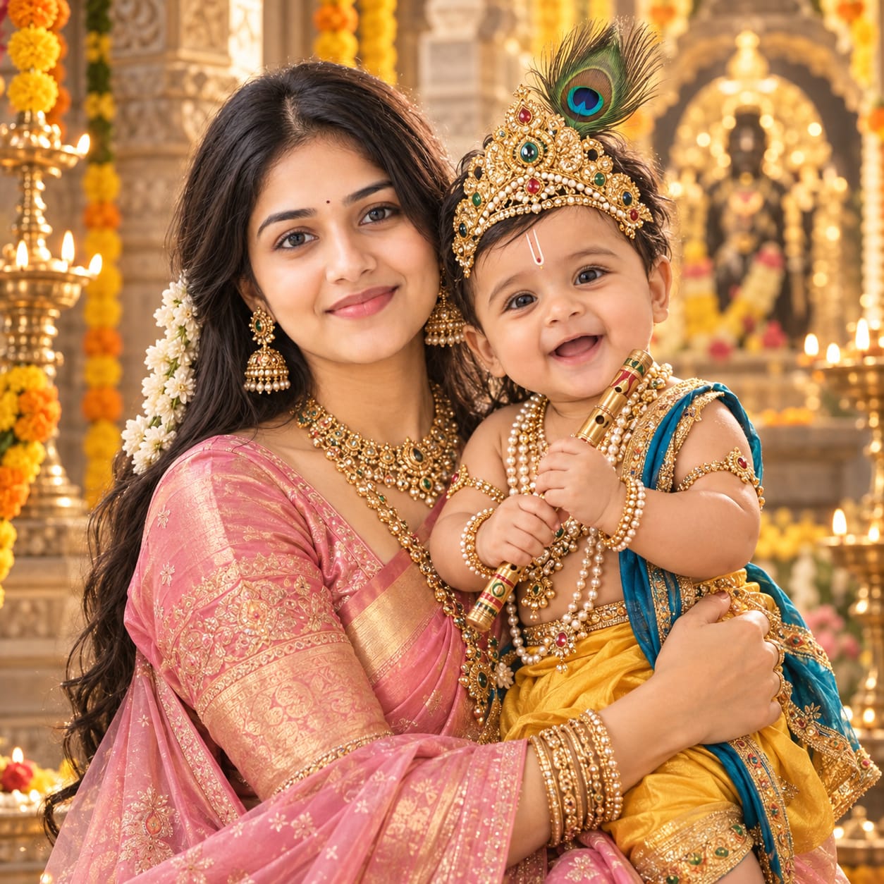 Indian mother in a pink silk saree holding her smiling baby dressed as Bal Krishna with a jeweled crown and flute inside a decorated Hindu temple.