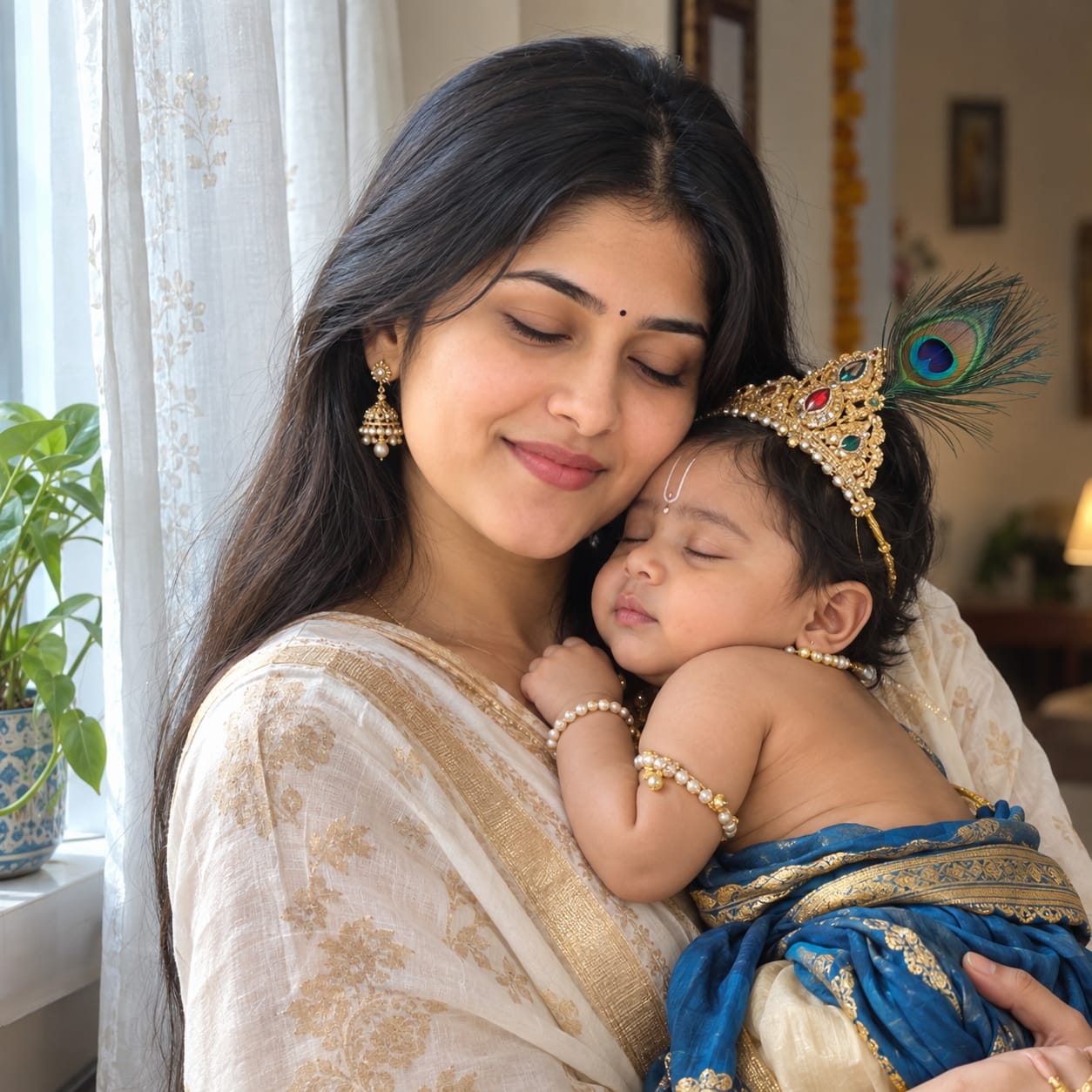 Indian mother in a white-and-gold saree gently holding her sleeping newborn dressed as Baby Krishna beside a softly lit home window.