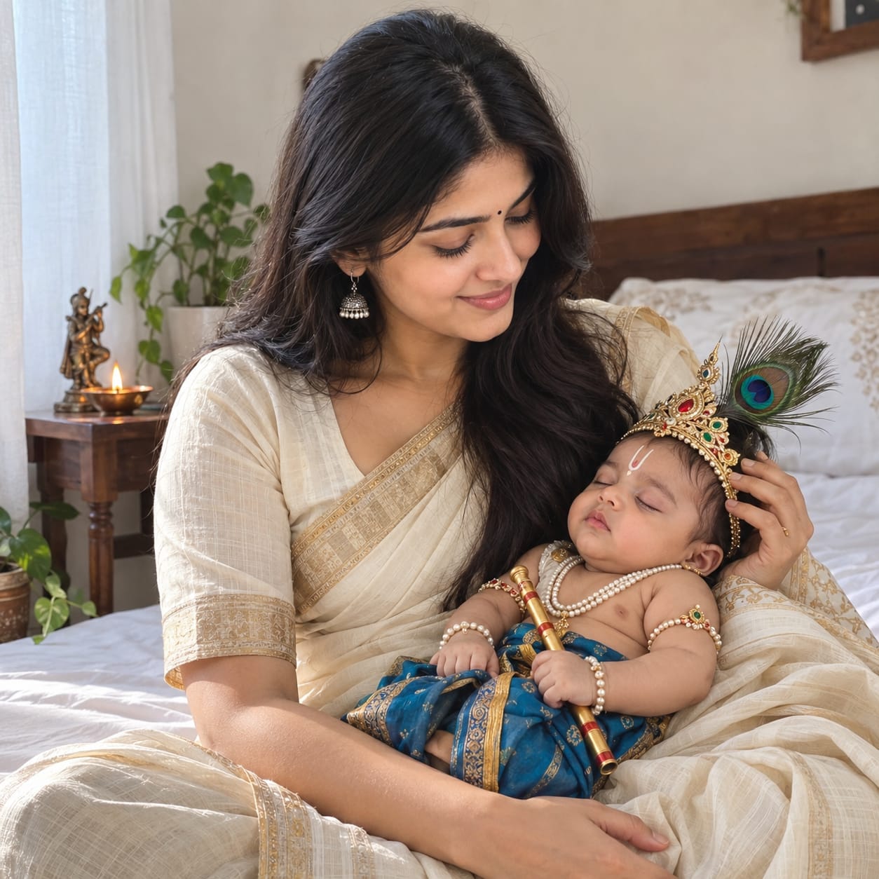 Indian mother in a cream saree lovingly holding a sleeping newborn dressed as Baby Krishna in a peaceful natural home setting.