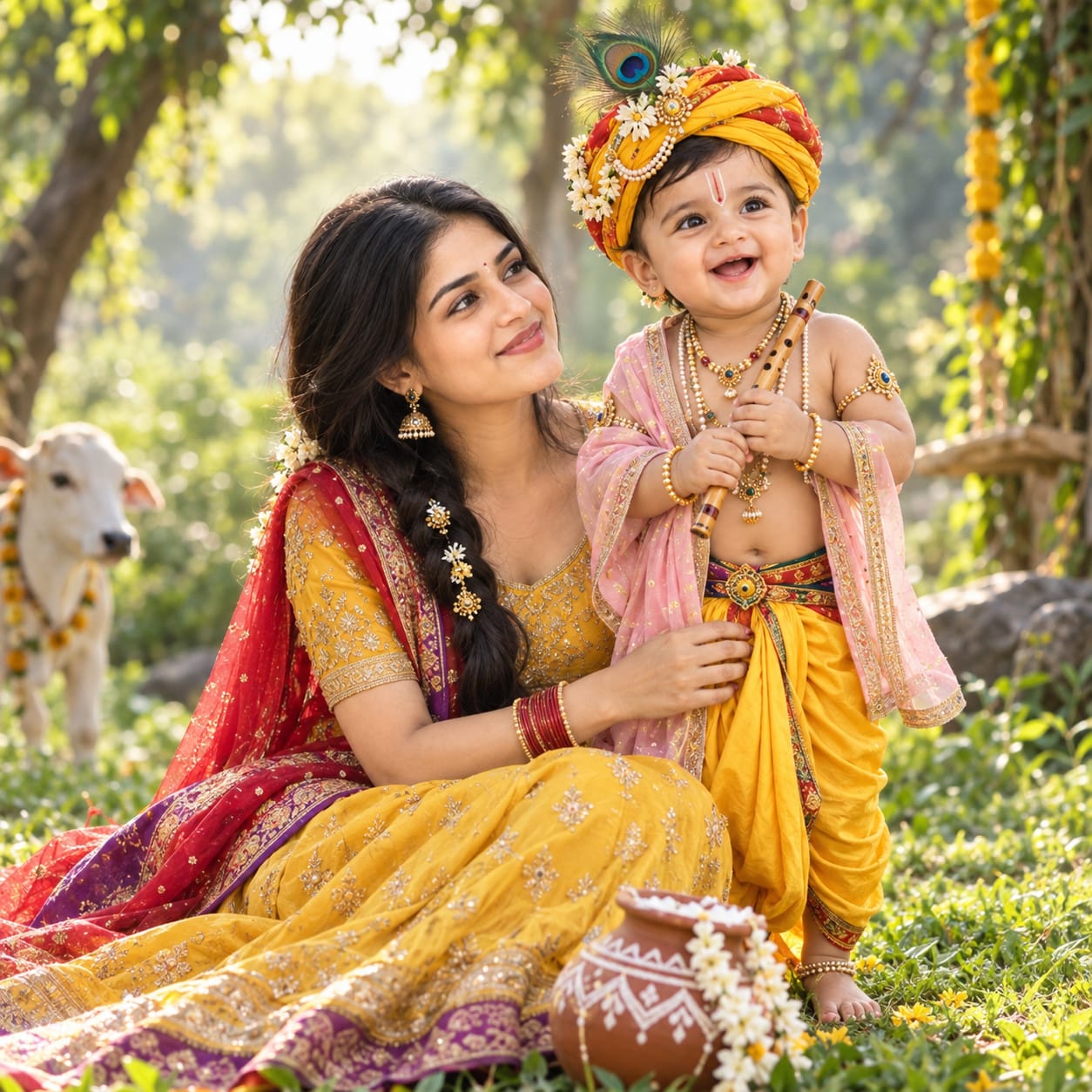 Indian mother and son in Krishna-themed traditional outfits sharing a joyful family moment in a lush Vrindavan-inspired outdoor setting.