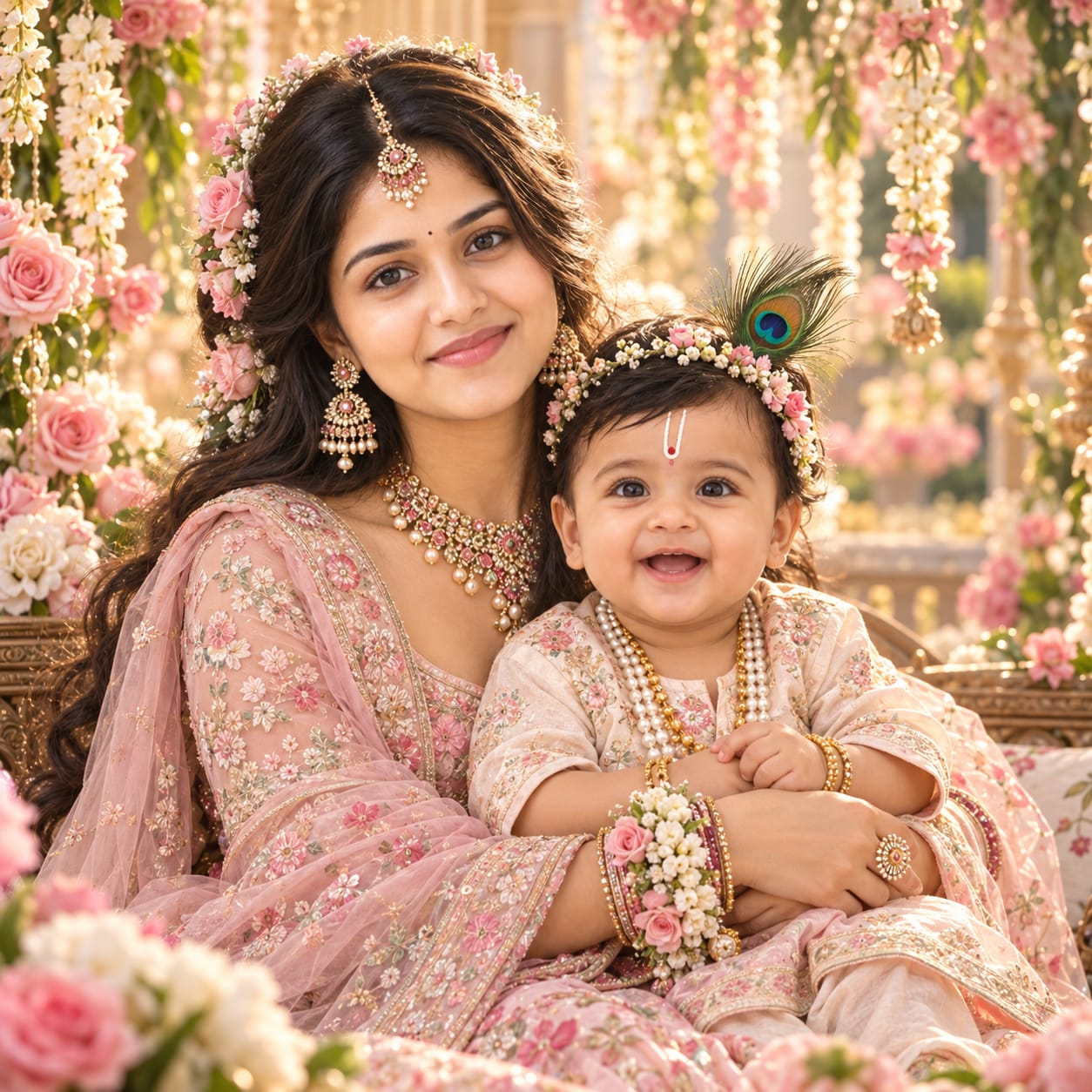Indian mother in a pink embroidered lehenga holding a smiling toddler boy with a peacock feather among cascading flowers and warm golden sunlight.