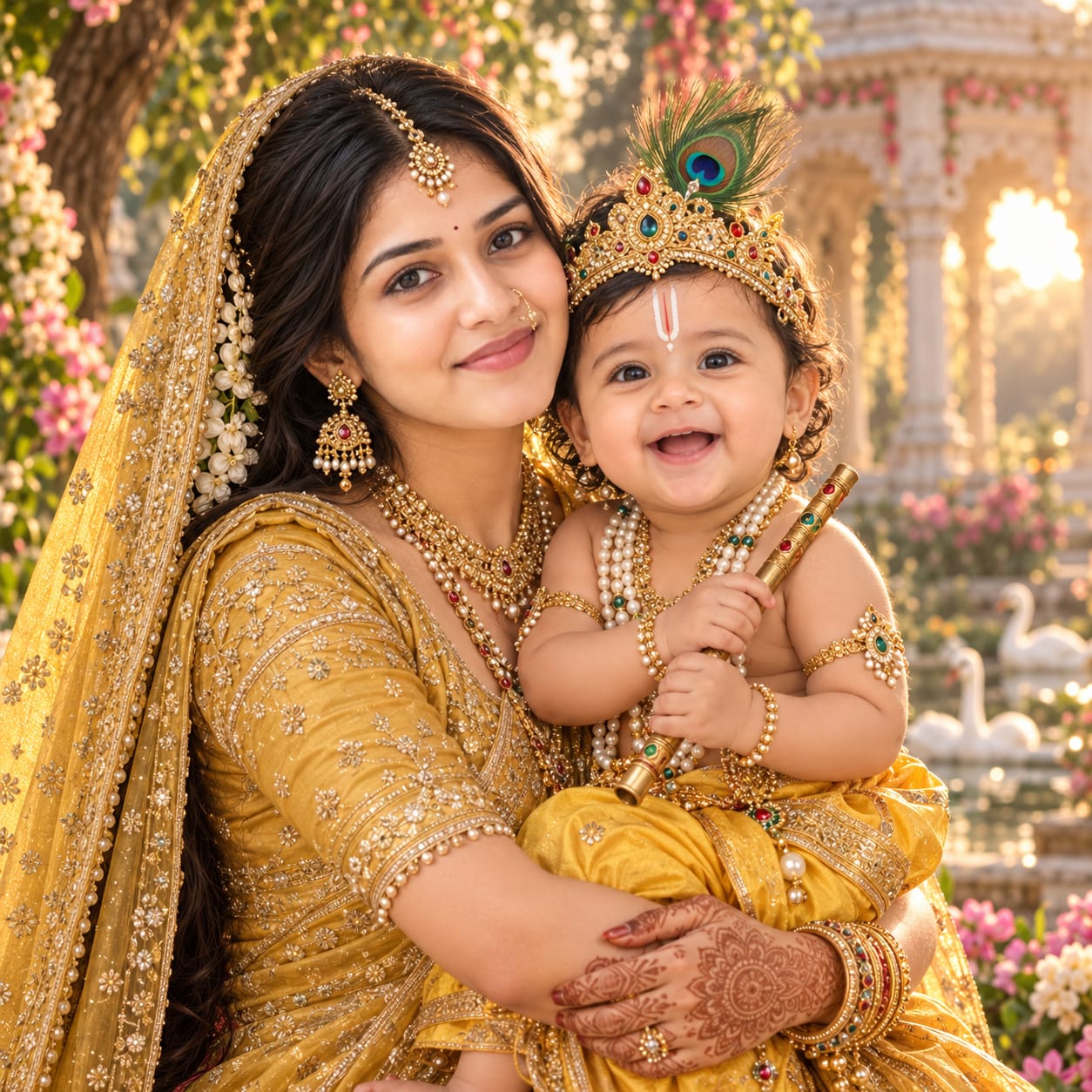 Indian mother in a mustard-gold saree embracing her laughing baby dressed as Bal Krishna with a jeweled crown and flute in a Vrindavan-inspired garden.