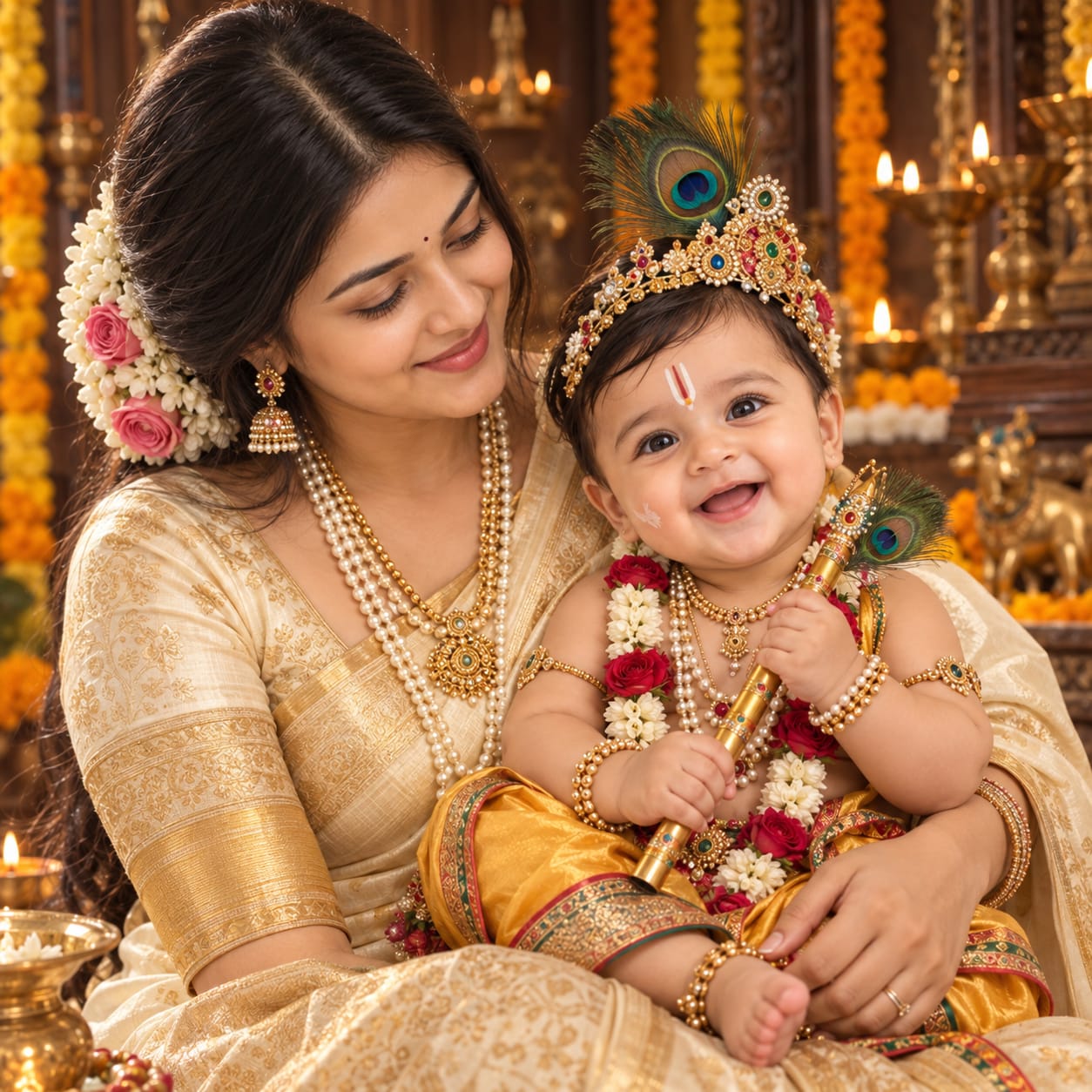 Indian mother in a cream-gold silk saree lovingly holding her baby boy dressed as Lord Krishna with a jeweled crown, peacock feather, and golden flute.
