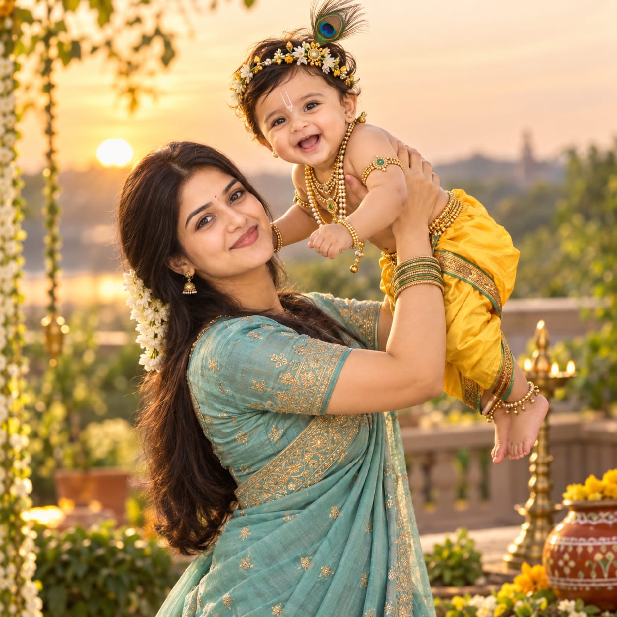 Indian mother joyfully lifting her toddler son dressed as Little Krishna during a warm golden-hour outdoor family photoshoot.