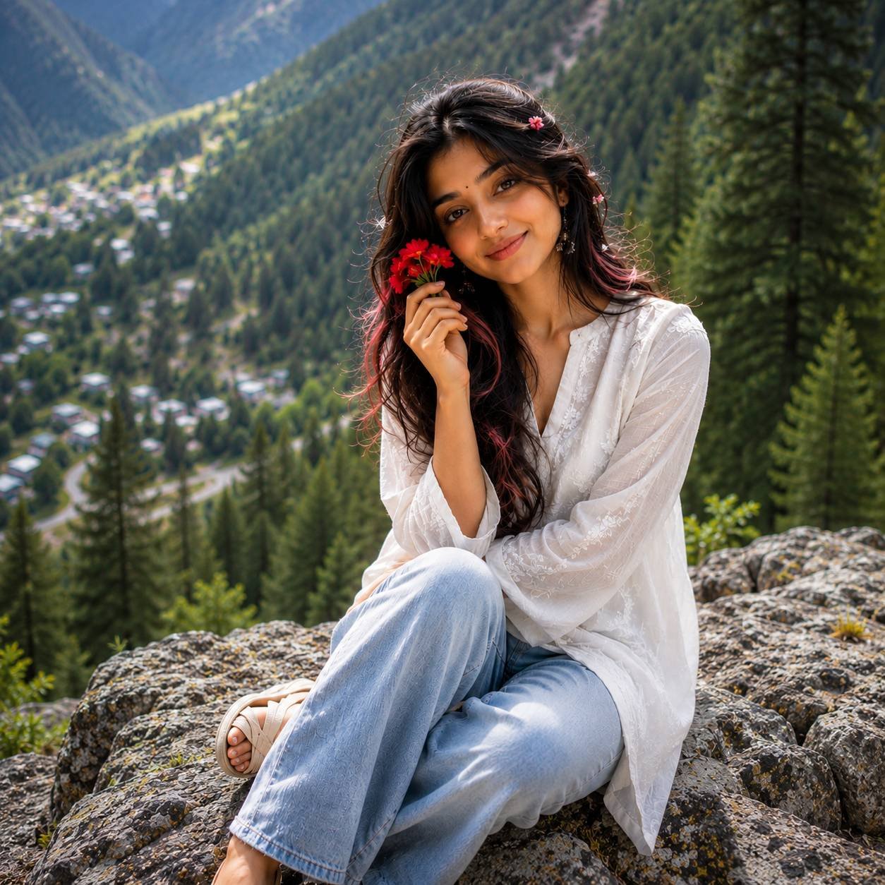Beautiful woman holding red flowers while sitting on a mountain cliff overlooking a pine forest valley in a cinematic portrait Prompt.