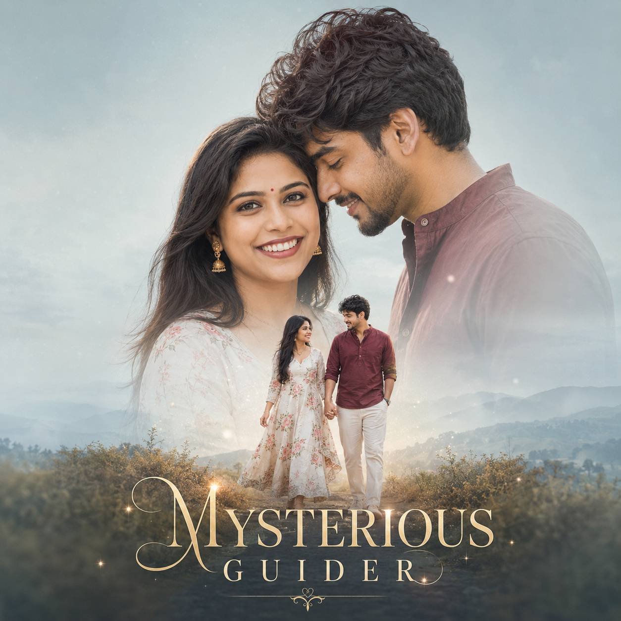 Romantic couple featured in a luxury double-exposure pre-wedding poster with pastel sky background and cinematic storytelling Prompt.