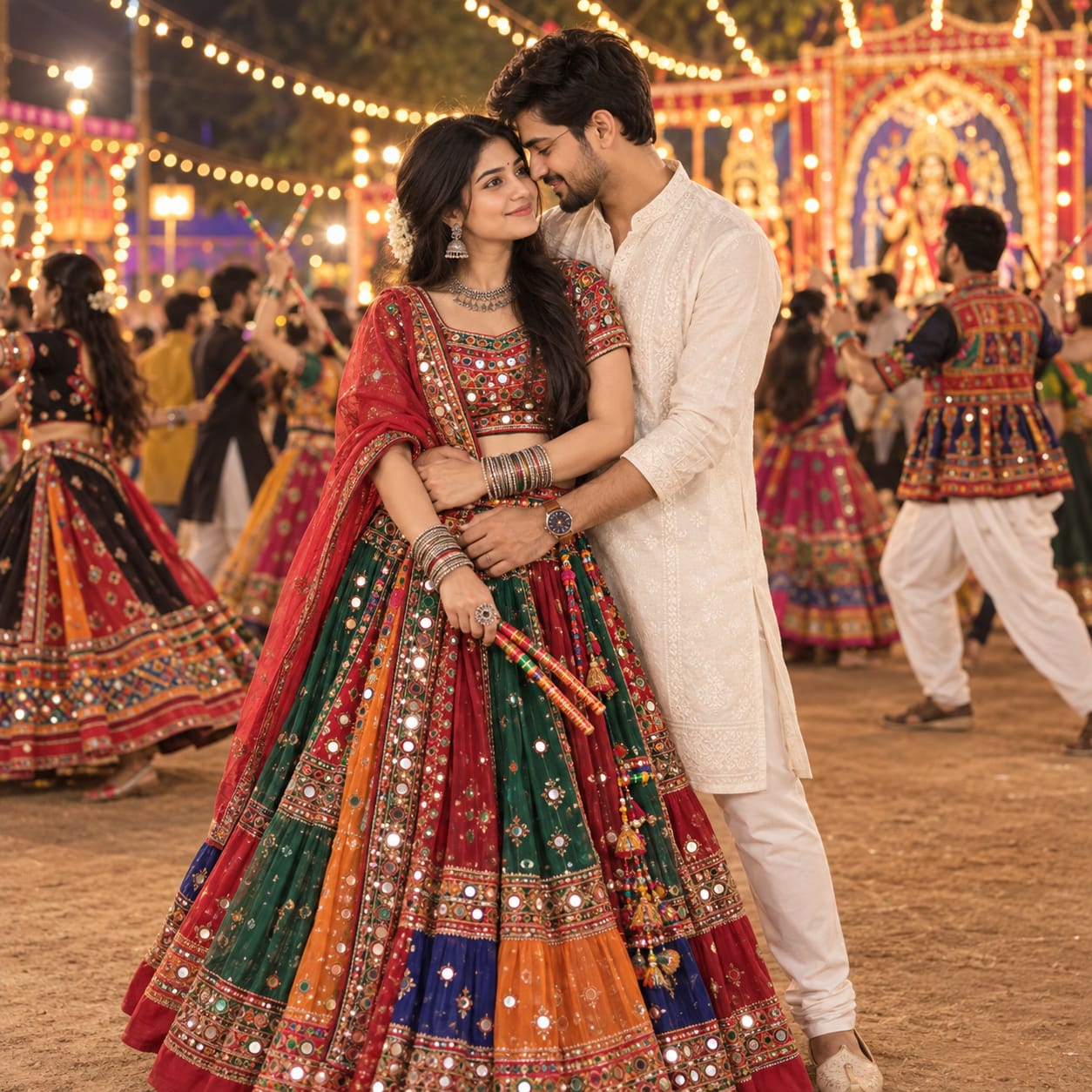 Young Indian couple enjoying Navratri Garba night, with the woman in a colorful mirror-work outfit and the man in a white kurta.