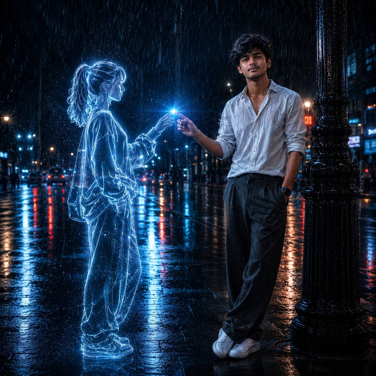 Young man touching fingertips with a glowing holographic girl on a rain-soaked city street in a cinematic neon portrait Prompt.
