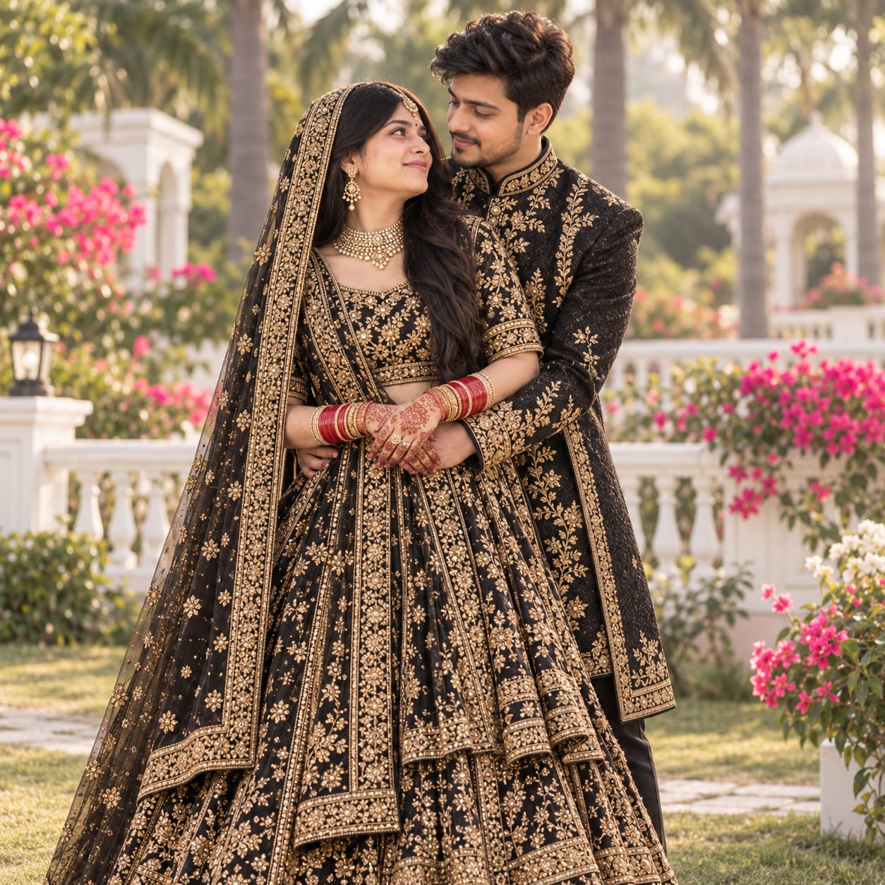 Pakistani wedding couple in a black sherwani and black-gold bridal lehenga embracing in an elegant outdoor garden with lush greenery and flowers.