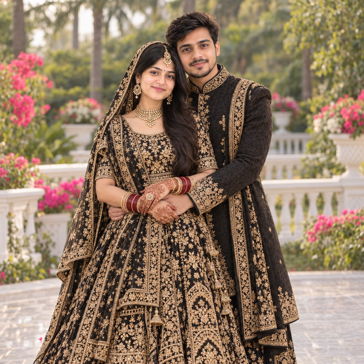 Pakistani wedding couple in a black sherwani and black-gold bridal lehenga embracing in an elegant garden with lush greenery, flowers, and soft daylight.