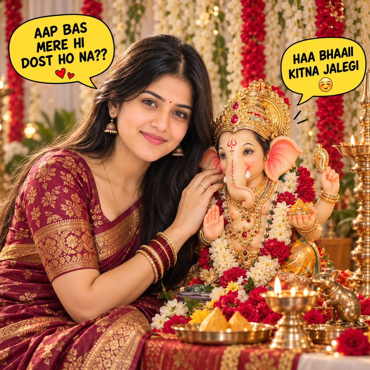 Funny Ganesh AI image showing an Indian woman in a maroon saree with Lord Ganesha and yellow comic-style speech bubbles.